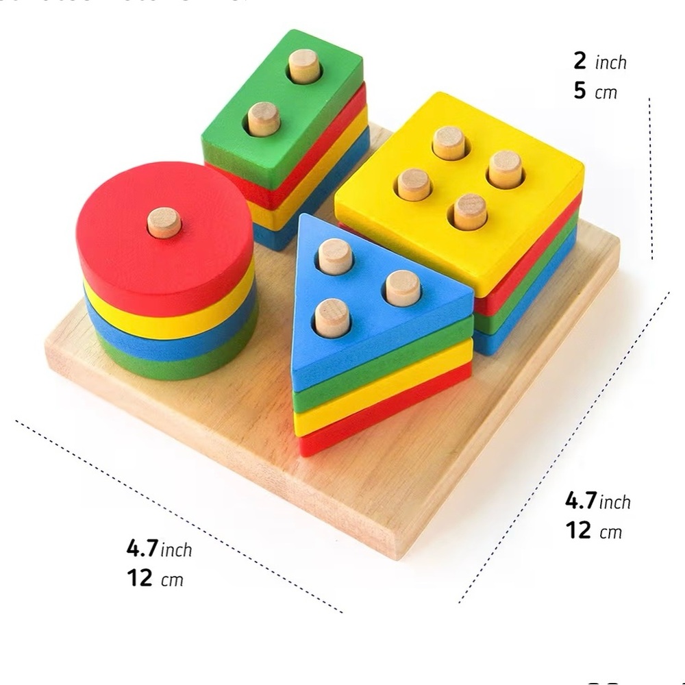 Boxiki Montessori wooden shape sorter & stacking toy for kids 18+ months.